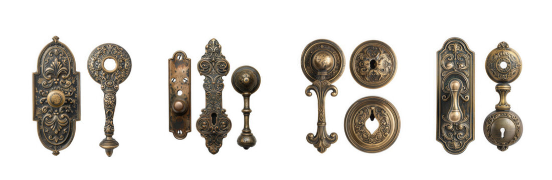 Collection of antique ornate brass door hardware escutcheons and knobs isolated on transparent background