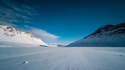 Vast snow-covered plains are flanked by rugged mountains under a twilight sky. A serene landscape captures the stark beauty of winter in a remote, untouched area.