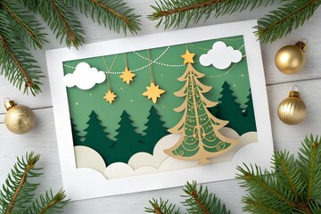 Christmas Greeting Card with Paper Cut Tree Surrounded by Fir Branches and Golden Ornaments. christmas background with christmas tree