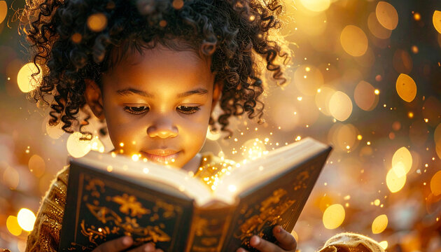 Little girl reading a magical story, bokeh and glitter. AI - Powered by Adobe