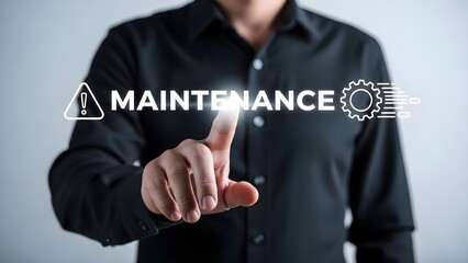 A man in a black shirt interacting with a maintenance interface on a transparent screen with a warning triangle and gear icon.