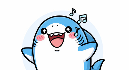 Fototapeta premium Cute cartoon shark singing with musical notes illustration.