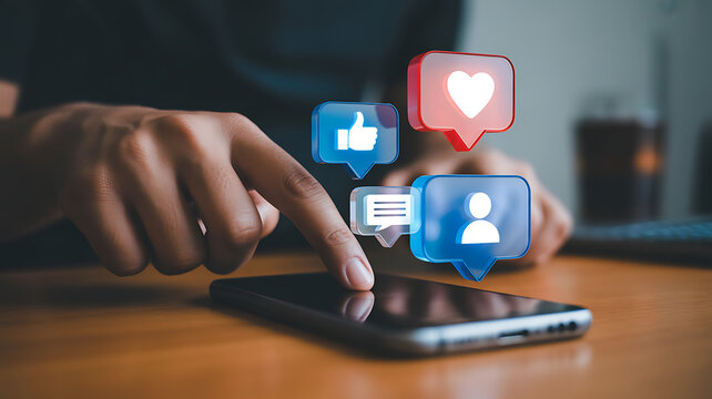 Hand tapping smartphone with social media icons for engagement and interaction - Powered by Adobe