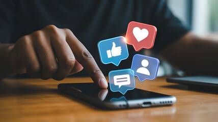 Engaging social media interaction on smartphone with action icons floating above