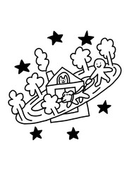 Home Planet Orbit - Dog, Man & House in Cosmic Doodle