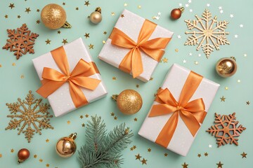 Top Down View of Three Christmas Gifts Wrapped in Orange Ribbon on Mint Background with Golden Decor. christmas gift boxes