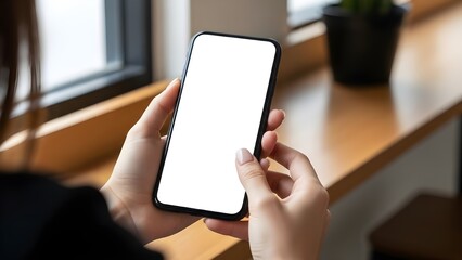 Woman holding blank smartphone mockup on wooden desk