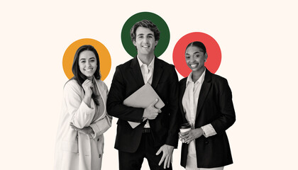 Three diverse young professionals stand together in a bright and creative studio.