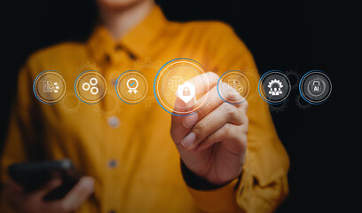 Security management concept, hand pointing digital lock icon with workflow system symbols, data protection process, compliance assurance, operational governance, organizational safety improvement.