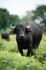 Majestic water buffalo grazing in lush green field