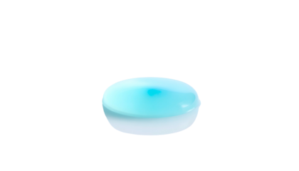 A small, glossy, light blue, oval-shaped object floats against a stark black background