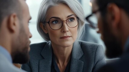 A female executive wearing glasses and a suit engaging in conversation at work.