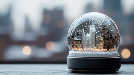 Christmas snow globe with cityscape inside features glowing skyscrapers and falling snow creating festive winter holiday atmosphere