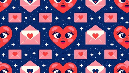 Repeating pattern on a pink background featuring red hearts with eyes, pink envelopes with orange hearts, and white star sparkles, cute and playful Valentine's design.