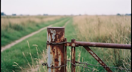 Rustic Rusty Gate in a Vast Green Field with a Path.
