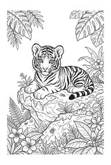 Cute Baby Tiger Coloring Book Page Black and White Outline Art