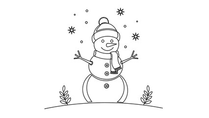snowman with Christmas tree line art