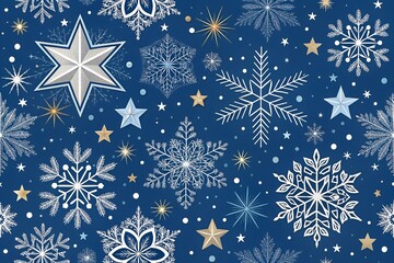 Seamless Christmas Wrapping Paper Pattern with Detailed Snowflakes and Stars on Navy Blue. seamless snowflake pattern