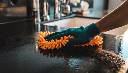 Gloved hand cleaning a shiny black kitchen countertop with a microfiber cloth, concept for hygiene, home care and professional services