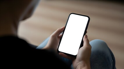 Woman holding blank smartphone screen mockup in casual setting
