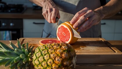 Man's hands slicing a vibrant red grapefruit on a wooden board in a modern kitchen with a pineapple in the foreground, concept for healthy eating, cooking, and fresh ingredients.