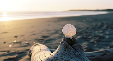 Seashell on Driftwood at Sunset Beach.