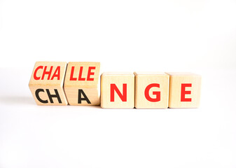 Chance or challenge symbol. Concept words Challenge to Chance on beautiful wooden cubes. Beautiful white table white background. Business challenge or chance concept. Copy space.
