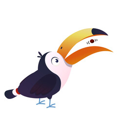 Illustration of a toucan bird eating a berry. Cartoon style. A friendly bird with a cute appearance.