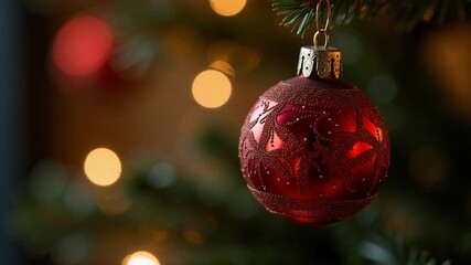 A vibrant red ornament hangs from the branches of a decorated Christmas tree