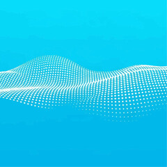 Abstract blue background with a dynamic wave pattern formed by white dots, representing data flow or digital technology.