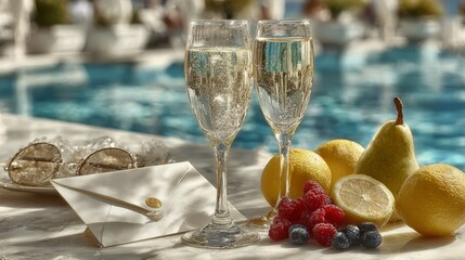 Elegant setting with champagne glasses, fresh berries, citrus fruits, and a sealed envelope on a sunlit marble table by a blue swimming pool, perfect for a sophisticated celebration.
