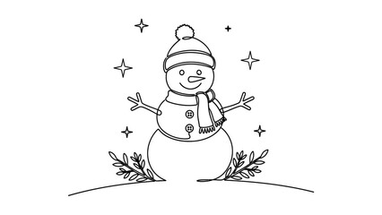 snowman with Christmas tree line art