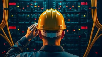 A man in a yellow hard hat and safety glasses looks at a control panel with various buttons and lights in a industrial setting.