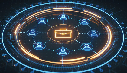Cyber Network for Career Path: Illuminated network with interconnected icons, symbolizing digital workspace and career development. Evoking the dynamics of technology and professional journey.