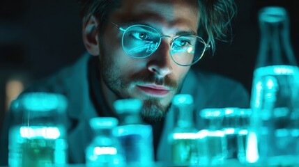 Young Male Scientist Wearing Glasses Analyzing Chemical Samples in Laboratory with Blue Fluorescent Lighting
