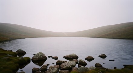Serene lake surrounded by rolling hills under a misty sky.