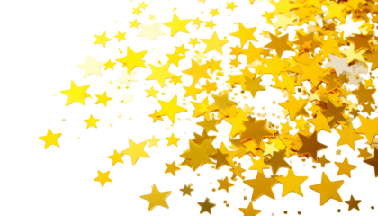 Golden star confetti on a black background, clustered together in a dynamic arrangement