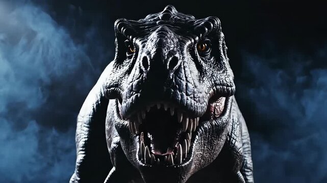 Intense close-up portrait of a dark, fierce Tyrannosaurus Rex looking directly at the viewer with its mouth open, showcasing sharp teeth against a smoky, dramatic background.
