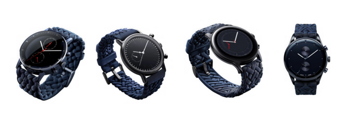Four views of a dark blue textured band smartwatch with a black face, isolated on white isolated on transparent background - Powered by Adobe