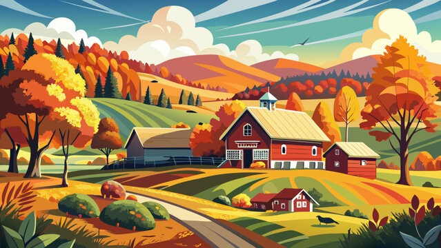 Very beautiful autumn farm landscape in Vermont, with brilliant fall trees, rustic barns, and golden meadows forming a picturesque seasonal countryside scene.