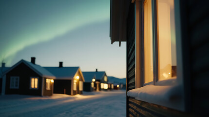 A tranquil Arctic village street at night, illuminated by warm light. An aurora streaks across the sky, enhancing the serene atmosphere of the wintry landscape.