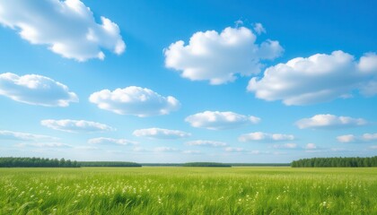 A vast green field under a clear blue sky filled with fluffy white clouds. The horizon features a line of trees in the distance.