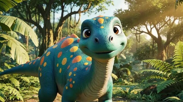 A very cute, cartoon-style baby dinosaur with blue and orange spots smiles cheerfully in a bright, sunny prehistoric jungle setting. This is a whimsical, friendly character.
