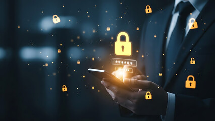 A businessman in a suit is holding a smartphone showing a digital padlock and password fields, surrounded by floating lock icons, representing cybersecurity and data protection.
