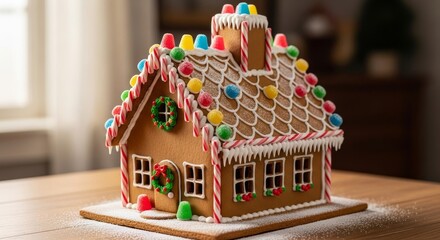 A whimsical gingerbread house, adorned with colorful candies and icing, sits on a wooden surface, embodying the festive spirit of the holiday season.