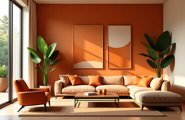 warm inviting living room rich orange hues illuminated soft afternoon light showcasing mix sleek furniture tactile