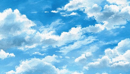 Fluffy white clouds drift in a bright blue sky, resembling a watercolor painting. Airy, light, and dreamy