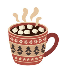 Stylized winter mug with Nordic patterns filled with hot chocolate and marshmallows. Cozy holiday illustration in a warm red, brown, black, white palette
