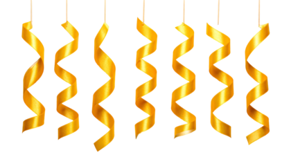 Seven golden, spiraling streamers hanging against a black background
