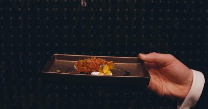 modern presentations of haute cuisine, European food establishments, restaurants with Michelin star. minimalist decoration, original serving of food. dark background professional lighting